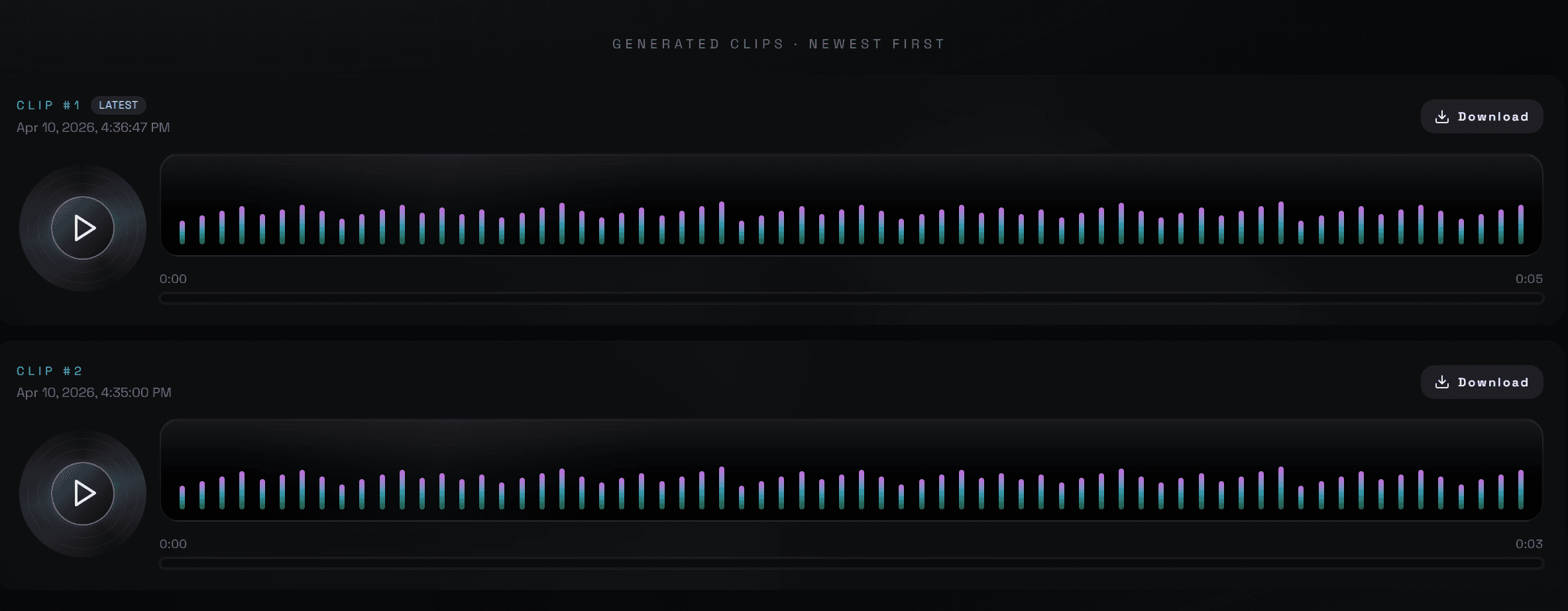 VoxCPM2 generated audio preview interface